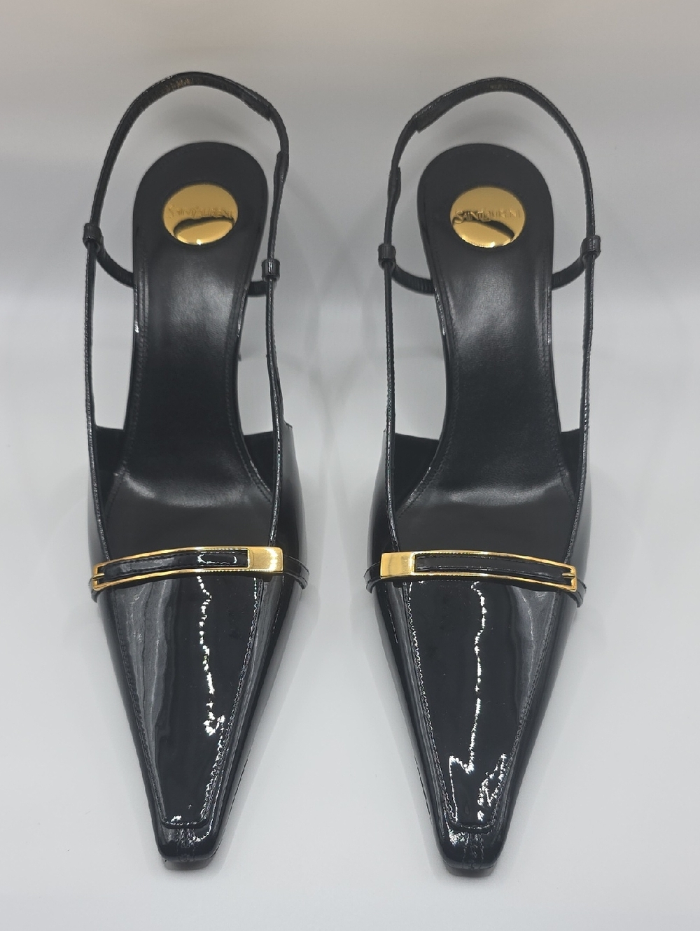 Saint Laurent Black Patent Slingback Pumps with Gold Bar